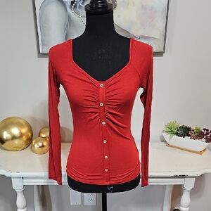 3 for $20 🍁 Ambiance Rusty Maroon Ruched V-Neck Long Sleeve Top Small